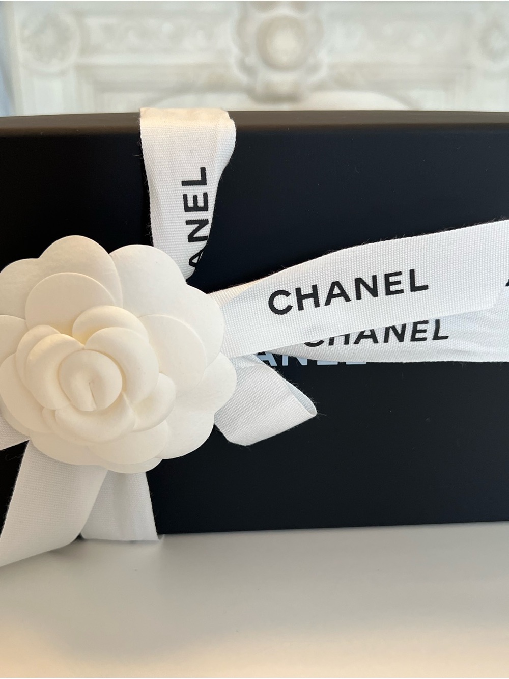 Empty CHANEL White Camellia Flower with Branded Ribbon Accent gift box
